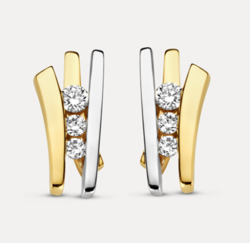 14 KARAAT GEEL- MET WITGOUDEN BICOLOR OORSTEKERS MODEL STELLA MET BRILJANT.
Briljant oorsieraden STELLA 0.13 crt H/Si
is aanvulling voor elk oor. Twee kleuren goud en schitterende briljanten.
STELLA is als set verkrijgbaar bestaande uit ring, oorsieraden, hanger en zelfs een collier.